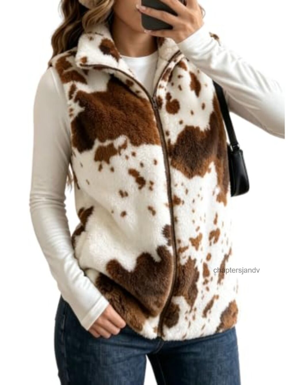 Quilted Sherpa Fleece Zip Up Vest Cow Print Sleeveless Jacket Western Fall